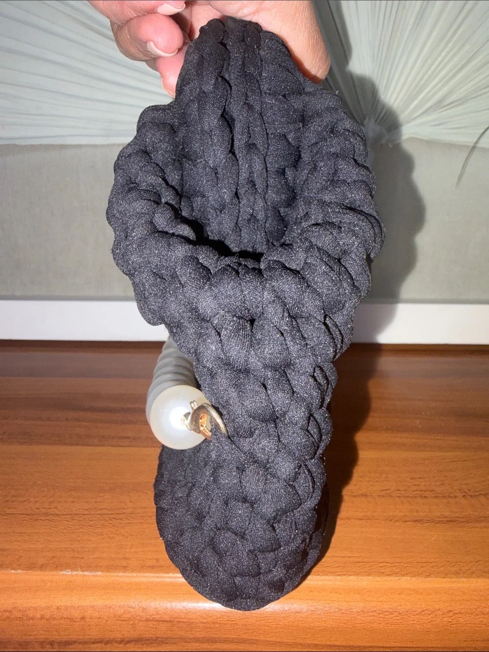 Handmade Black Crochet Clutch with Faux Pearl Handle